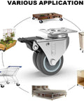 2 Inch Heavy Duty Swivel Casters Set Of 4 With 2 Locking Brakes, Screws Included, shown with various applications including furniture and equipment.