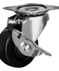 Close-up of a 2 Inch Swivel Caster Wheel with Side Brake, Hard Rubber Wheel and Top Plate for furniture use.