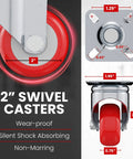 Close-up of 2 inch swivel plate caster wheels with red polyurethane, no brake casters designed for furniture and carts.