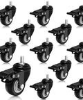 2 Inch Swivel Caster Wheels Set Of 12 With M8 Threaded Stem 15mm For Cart Desk Furniture, Polyurethane Rubber, Double Locking