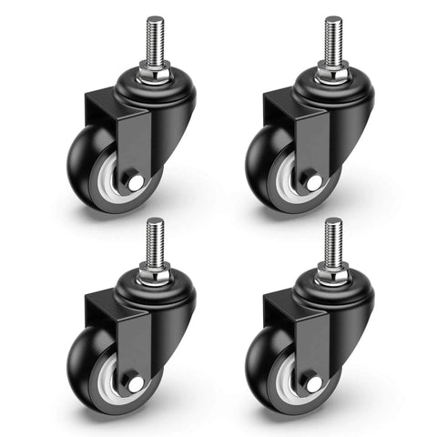 2 Inch Caster Wheels Set of 4 No Brake Swivel Casters with 3/8 Inch 16 x 1 Threaded Stem, heavy duty steel, silent black PVC.