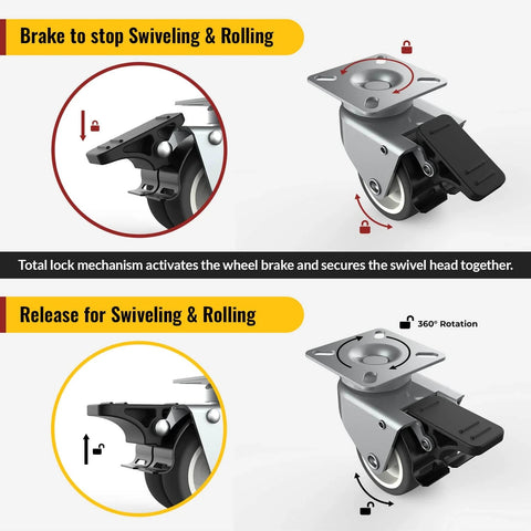 2 Inch Swivel Caster Wheels Set of 4 Heavy Duty Twin Wheel Casters with Total Lock Design TPR No Noise Wheels for Furniture Includes Screws Total Capacity 880 Lbs