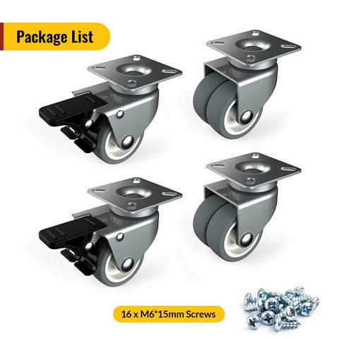 2 Inch Swivel Caster Wheels Set of 4 Heavy Duty Twin Wheel Casters with Total Lock Design TPR No Noise Wheels for Furniture Includes Screws Total Capacity 880 Lbs