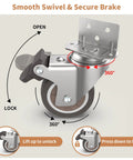 2 Inch L Shaped Swivel Plate Casters With Brakes, TPR Silent Furniture Wheels, 360° swivel, locking mechanism shown