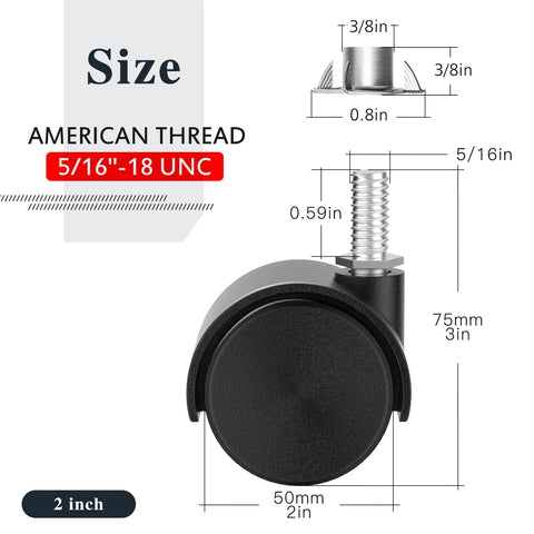 2 Inch Furniture Casters Set Of 4 With 5/16 Inch Threaded Stems Nylon Wheels Black Swivel Casters