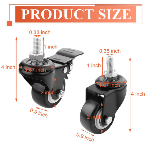 Four Pack Of 2 Inch Stem Casters Heavy Duty Swivel Casters With Brakes And Without Brakes dimensions shown