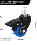 2-Inch Stem Caster Wheels Set Of 4 With 1/2-13 Threaded Stem, Heavy Duty Swivel Casters Featuring Dual Locking Brakes, 600 Lb Capacity