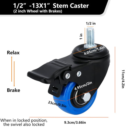 2-Inch Stem Caster Wheels Set Of 4 With 1/2-13 Threaded Stem, Heavy Duty Swivel Casters Featuring Dual Locking Brakes, 600 Lb Capacity