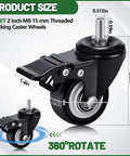 Set Of 8 M8 Caster Wheels 2 Inch Swivel Threaded Stem With Dual Brake Heavy Duty 360 Degree Polyurethane Noise Free Locking
