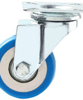 2 inch Swivel Plate Casters with blue Polyurethane Wheels in a 50 pack, compact non braking caster wheels side view.