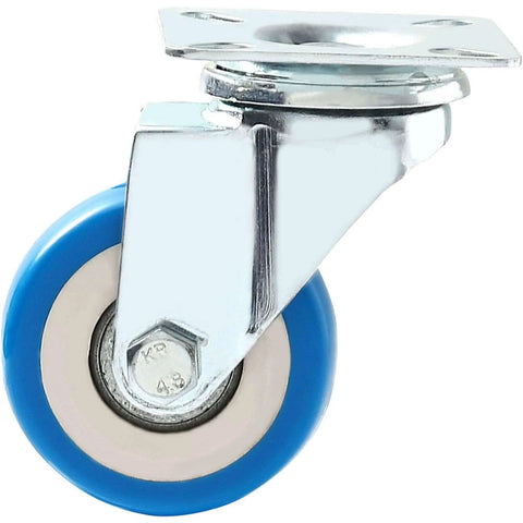 2 inch Swivel Plate Casters with blue Polyurethane Wheels in a 50 pack, compact non braking caster wheels side view.