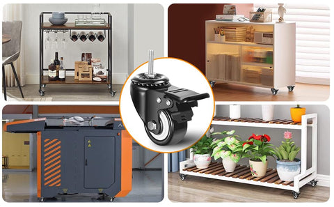 Collage of furniture and equipment with 2 Inch Swivel Stem Wheels One Quarter Twenty Threaded Stem Caster Imperial Threaded Stem Mute No Noise Premium PU Wheel With Brake For Furniture And Industry Set Of 4 Durable Quiet Floor Friendly Rollers For Medical Equipment Office Carts And Light.