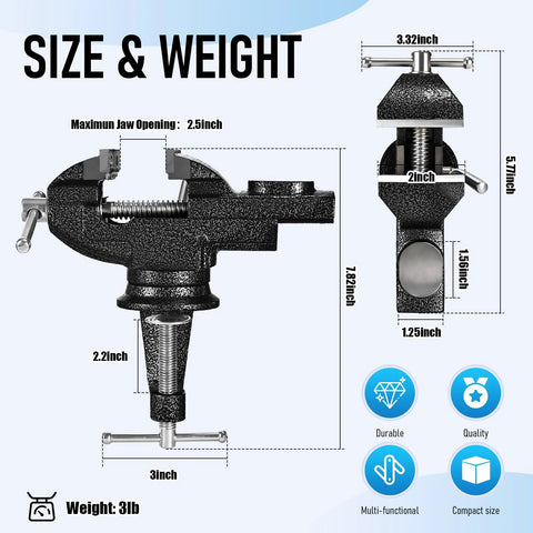 Diagram of a 2 Inch Table Vise with dimensions and features shown, made of cast steel for woodworking and crafts. Weight: 3 lb.
