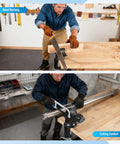 2 Inch Table Vise With Anvil And Swivel Base holding wood and metal rods during woodworking and metalwork on workbench.