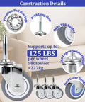 Two Inch Wet Dry Vacuum Replacement Casters Set Of Four With Five Sixteenth Inch By One And One Half Inch Stem TPR Rubber Swivel Castors With Ball Bearing High Load Capacity for furniture, shown in detail with bearings and design features.
