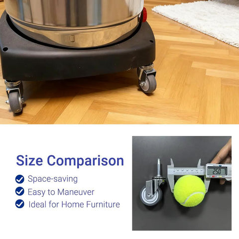 Two Inch Wet Dry Vacuum Replacement Casters Set Of Four With Five Sixteenth Inch By One And One Half Inch Stem TPR Rubber Swivel Castors with size comparison to a tennis ball.