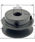 Two Inch V Belt Pulley Heavy Duty With One Half Inch Bore, cast iron, dimension labels, rust-resistant finish, not for toothed belts.