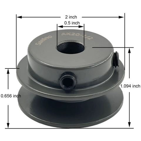 Two Inch V Belt Pulley Heavy Duty With One Half Inch Bore, cast iron, dimension labels, rust-resistant finish, not for toothed belts.
