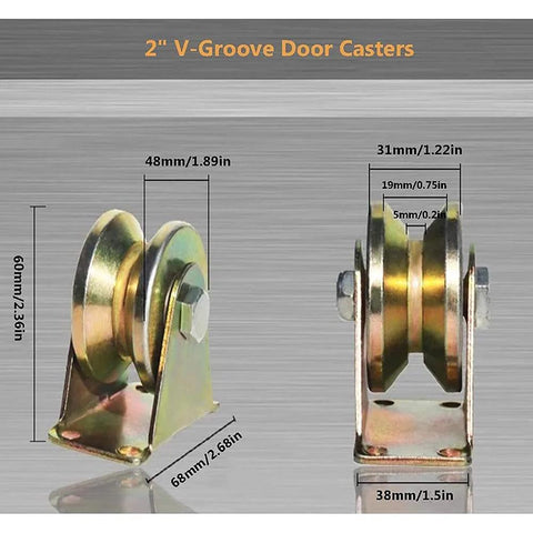 Front and side view of Heavy Duty 2 Inch V Groove Wheel Caster With Bracket For Inverted Track And Sliding Gates.