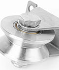 Close-up of 2 inch V Groove wheel pulley from 4 Pack 2 Inch V Groove Wheel Pulley Set In 201 Stainless Steel With Screws, 880 Lbs Load Capacity