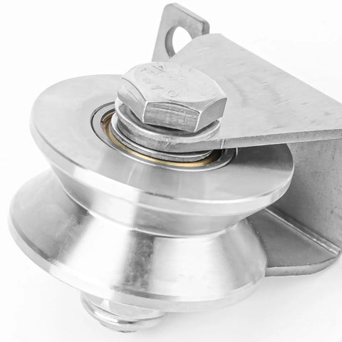 Close-up of 2 inch V Groove wheel pulley from 4 Pack 2 Inch V Groove Wheel Pulley Set In 201 Stainless Steel With Screws, 880 Lbs Load Capacity