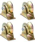 Four-pack of Heavy Duty 2 Inch V Groove Wheel Caster With Bracket For Inverted Track And Sliding Gates Rolling Gates Industrial Machines And Wire Rope Rail 660 Lb Load Capacity Ideal For Inverted Track Systems And Heavy Duty Industrial Gate Installations, showing front view with rust resistant plating and sealed ball bearings.
