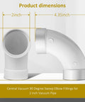 Two Pack Central Vacuum 90 Degree Elbow Fittings for 2 Inch Vacuum Pipe, dimensions shown, white durable plastic