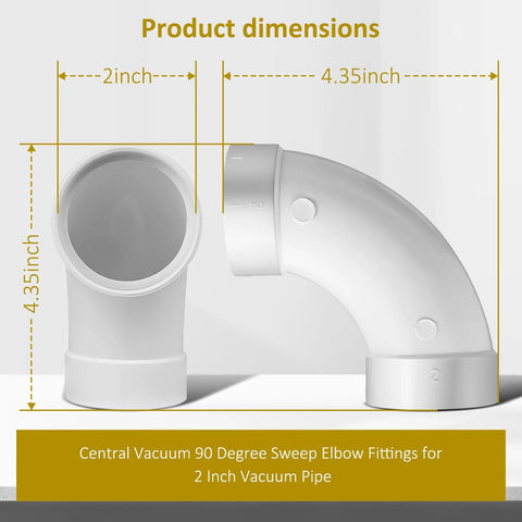 Two Pack Central Vacuum 90 Degree Elbow Fittings for 2 Inch Vacuum Pipe, dimensions shown, white durable plastic