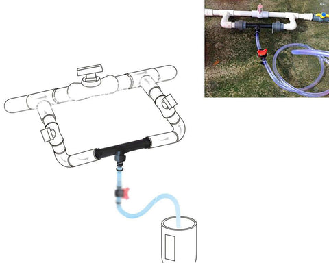 Installation diagram and photo of 2 Inch Venturi Fertilizer Injector for irrigation systems in a drip and sprinkler setup.