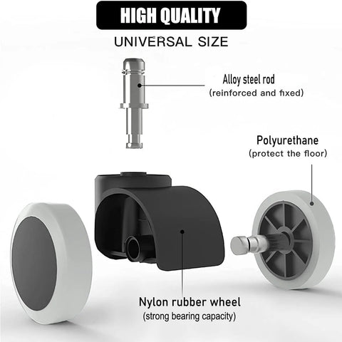 2 Inch Universal Office Chair Wheels Set Of 5 Heavy Duty Rubber Casters White No Noise Polyurethane with alloy steel stem details