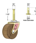 2 Inch Wood Furniture Caster Wheel With One Quarter Inch Stem, brass plated steel frame, hardwood wheel dimensions, diagram view