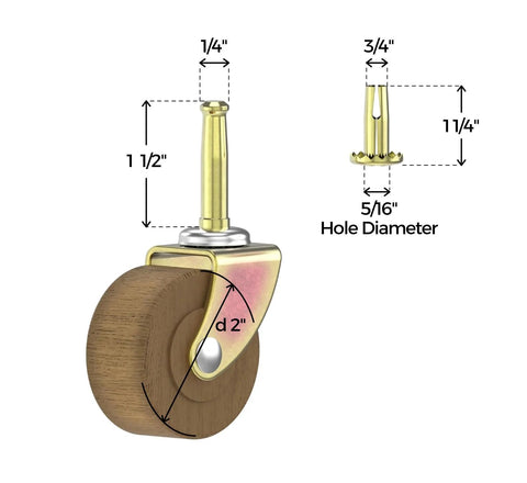 2 Inch Wood Furniture Caster Wheel With One Quarter Inch Stem, brass plated steel frame, hardwood wheel dimensions, diagram view
