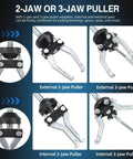 Nine Way Slide Hammer Puller Set For Front And Rear Axles Wheel Bearings Hubs And Gears Includes Internal And External Jaws Two And Three Way Cross Blocks Cone Grip Wrench Adapter And Dent Remover Tool showing 2-jaw and 3-jaw configurations for pulling bearings, gears, and seals.