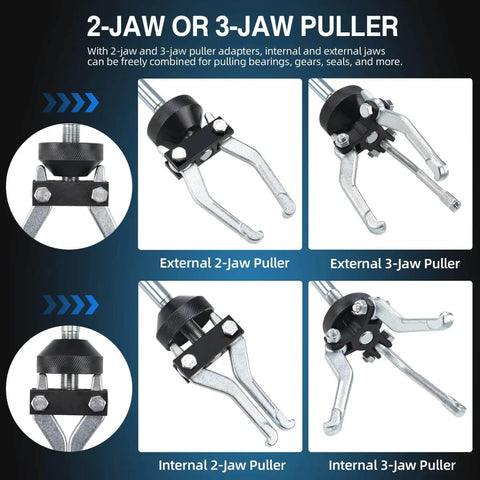 Nine Way Slide Hammer Puller Set For Front And Rear Axles Wheel Bearings Hubs And Gears Includes Internal And External Jaws Two And Three Way Cross Blocks Cone Grip Wrench Adapter And Dent Remover Tool showing 2-jaw and 3-jaw configurations for pulling bearings, gears, and seals.