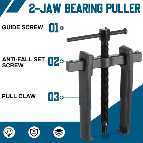 Heavy Duty 4 Piece 2 Jaw Gear Puller Set Built To Last Carbon Steel Adjustable Removal Tool shown with guide screw and pull claw.