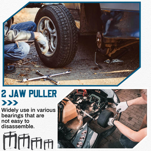Heavy Duty 4 Piece 2 Jaw Gear Puller Set Built To Last Carbon Steel Adjustable Removal Tool For Pulleys Flywheels Bearings And Gears in use on car wheel and engine.
