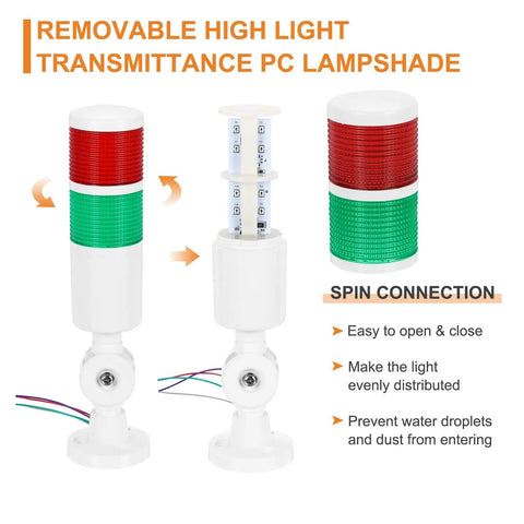 2 Layer Led Warning Light Tower With Loud Buzzer For Industrial Machinery 12 To 24 Volt 10 Amp Column Signal Tower With Steady Light Four Wire White By Patikil, showing removable lampshade
