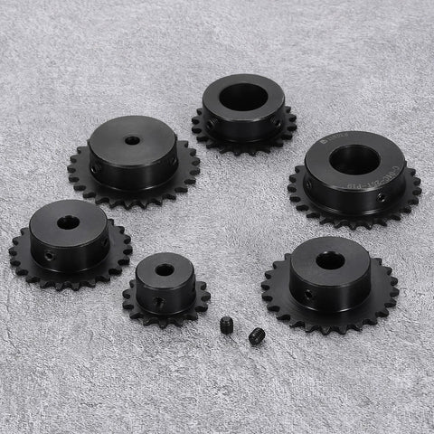 Assorted black 2 Pack 25 roller chain sprockets for ISO 04C chain, showcasing various sizes and set screws.