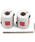 Two aluminium 8mm-to-8mm flexible shaft couplings with red clamps; 20mm dia, 25mm length, includes L-key