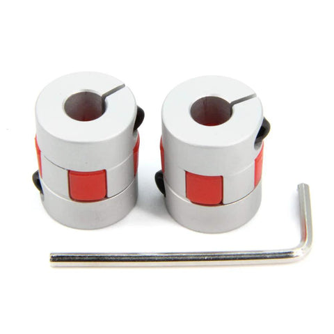 Two aluminium 8mm-to-8mm flexible shaft couplings with red clamps; 20mm dia, 25mm length, includes L-key