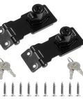 Two Pack 2.5 Inch Hasp Lock With Keys Flat Black Stainless Steel Cabinet Latch with screws and keys displayed