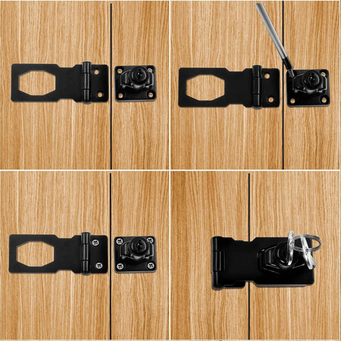 Two Pack 2.5 Inch Hasp Lock With Keys Flat Black Stainless Steel Cabinet Latch shown installed on wooden cabinet doors