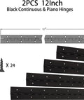 Diagram of 2-Pack 12-Inch Black Stainless Steel Heavy Duty Continuous And Piano Hinges with pre-drilled holes and screws.