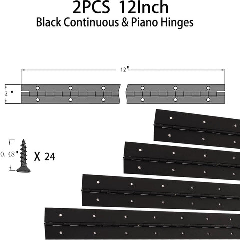 Diagram of 2-Pack 12-Inch Black Stainless Steel Heavy Duty Continuous And Piano Hinges with pre-drilled holes and screws.