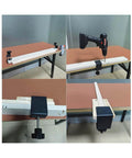 2 Pack Heavy Duty C Clamps With Wide Jaws securing shelf panel for woodworking on desk, close-up of twist-lock system and steel construction.