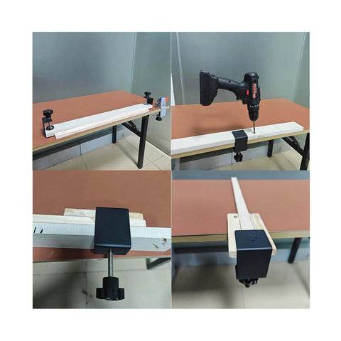2 Pack Heavy Duty C Clamps With Wide Jaws securing shelf panel for woodworking on desk, close-up of twist-lock system and steel construction.