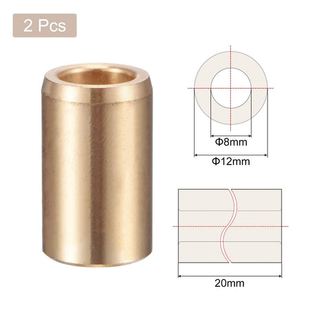 2 Pack Cast Brass Self Lubricating Sleeve Bearings With 8mm Bore 12mm OD And 20mm Length shown with dimensional diagram