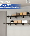 Installed 2-Pack 6ft Garage Wall Shelving System with 72-Inch by 24-Inch heavy duty metal shelves loaded with storage boxes.