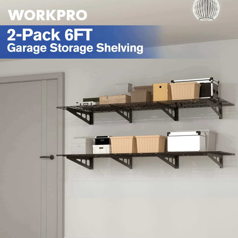 Installed 2-Pack 6ft Garage Wall Shelving System with 72-Inch by 24-Inch heavy duty metal shelves loaded with storage boxes.