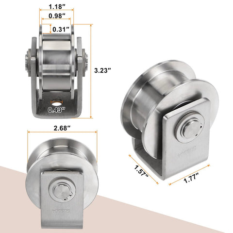 2 Pack 2.7 Inch H Groove Wheel Sliding Gate Caster with Bracket for Inverted Track, stainless steel, dimensions shown